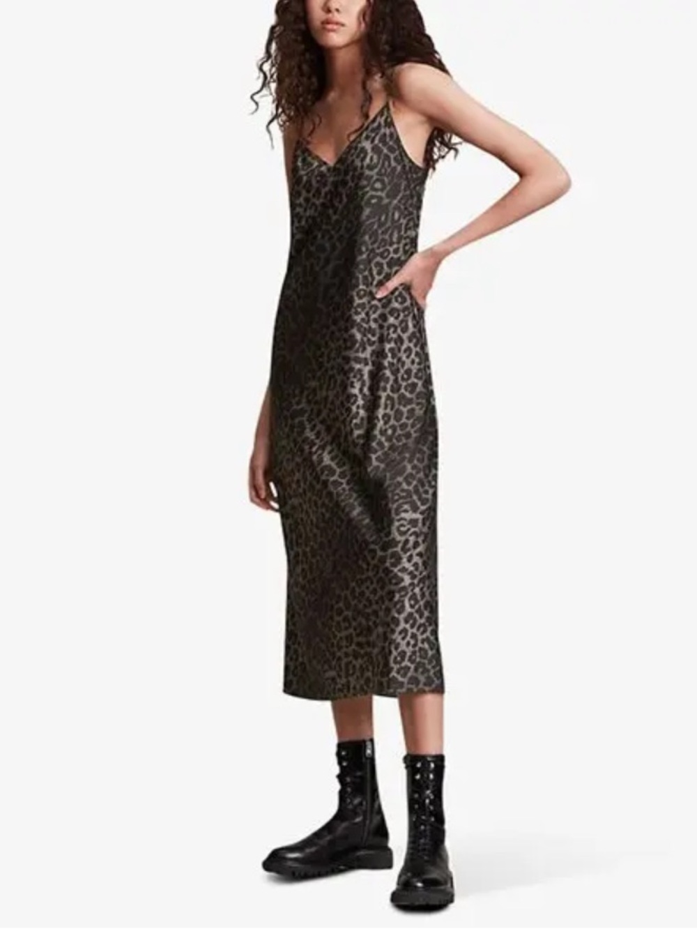 All Saints Khaki Green Tierney Leppo Leopard- Satin Slip Dress - NWT UK 14/US 10